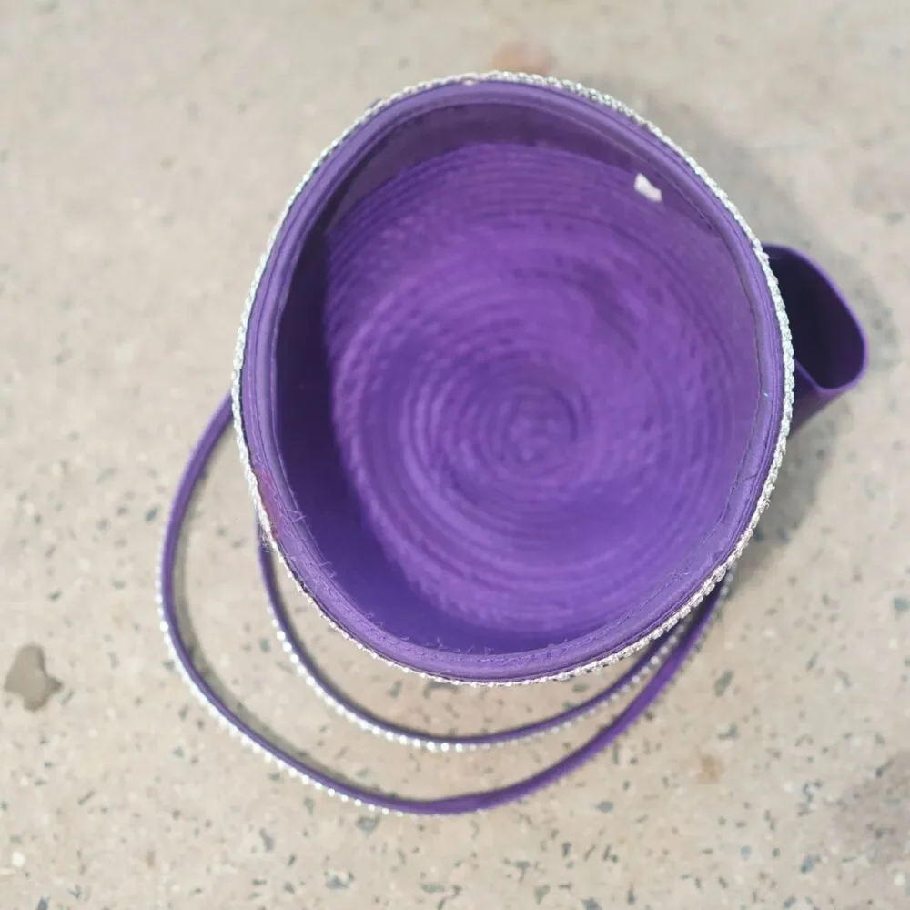 Purple Ribbon Straw Church Hat Rhinestone Bow Vintage Style Pillbox Cloche 7.5”